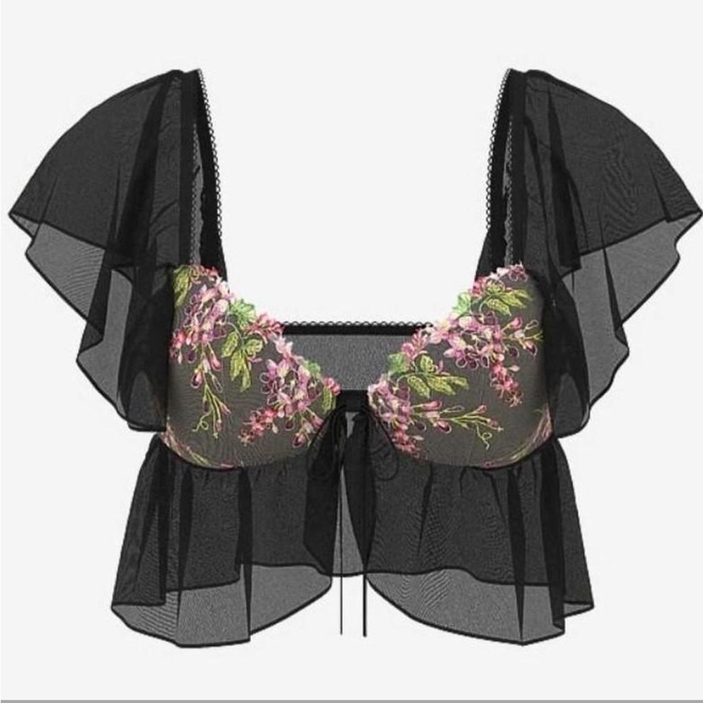 Victoria's Secret Black Sheer Floral Embroidered Crop Top